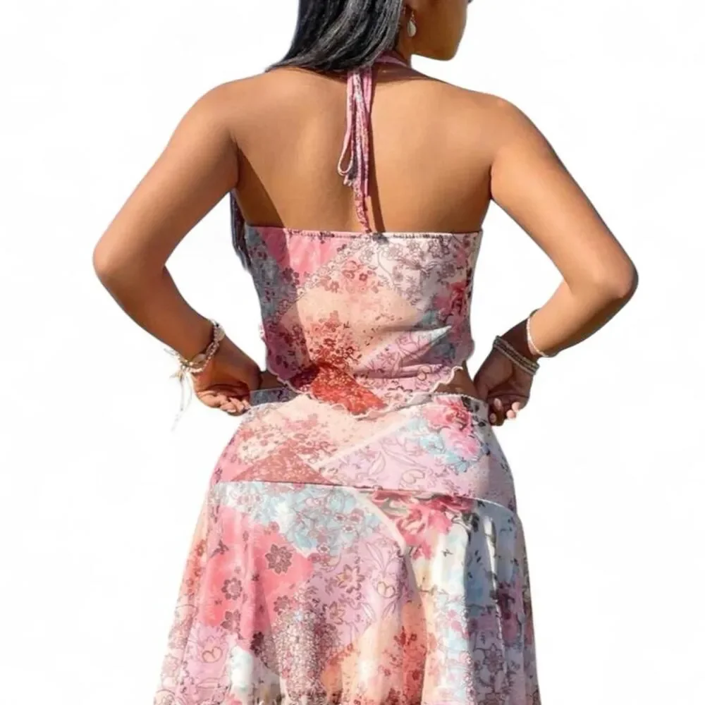 Y2K Fairycore Cottagecore Halter Top & Mini Skirt Set Coquette Boho Festival
